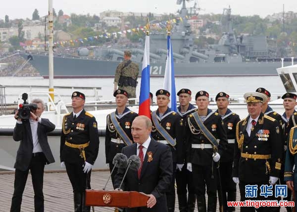 From a motor launch, Putin addressed Russian sailors in Sevastopol harbour - ostensible to mark Victory Day over Nazi Germany, but seen by many as the president&rsquo;s official welcome to the newly acquired territory.