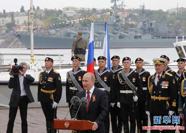 From a motor launch, Putin addressed Russian sailors in Sevastopol harbour - ostensible to mark Victory Day over Nazi Germany, but seen by many as the president’s official welcome to the newly acquired territory.
