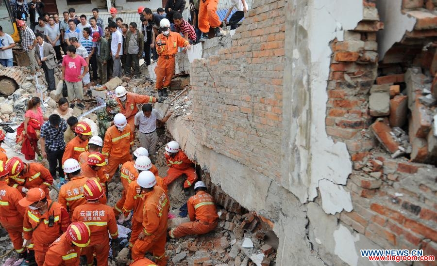 Rescuers search for survivors in the ruins after a 6.5-magnitude earthquake in Longtoushan Town under Ludian County of Zhaotong, southwest China
