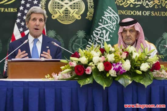 .S. Secretary of State John Kerry, left, gestures during a news conference with Saudi Foreign Minister Saud bin Faisal bin Abdulaziz Al Saud on Thursday, March 5, 2015, in Riyadh, Saudi Arabia. 