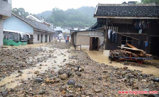 Photo taken on June 3, 2015 shows landslides rush into Pianyan Village of Shichang Township in Tongren, southwest China