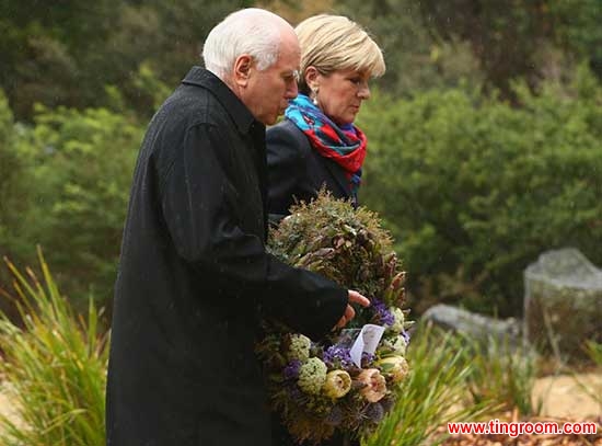 Former Australia Prime Minister John Howard and Julie Bishop lay a wreath during the 20th anniversary commemoration service of the Port Arthur massacre on April 28, 2016 in Port Arthur,