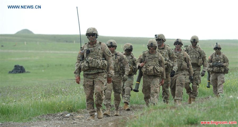 TBILISI, May 14, 2016 (Xinhua) -- Soldiers of Georgia, U.S. and UK participate in the joint military exercises named "Noble Partner 2016" at Vaziani base near Tbilisi in Georgia, May 14, 2016. Georgia announced the three-week long military drill named "Noble Partner 2016" with U.S. and UK at the Vaziani base near its capital Tbilisi on May 11. The drill will last until May 26. (Xinhua/Lasha Kuprashvili) 