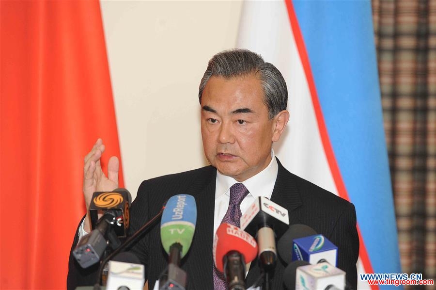 TASHKENT, May 24, 2016 (Xinhua) -- Chinese Foreign Minister Wang Yi addresses reporters after attending a meeting of the Shanghai Cooperation Organization (SCO) foreign ministers in the capital of Uzbekistan on May 24, 2016. The Shanghai Cooperation Organization (SCO) has become a paradigm of global and regional cooperation with great vitality and significant influence since its founding 15 years ago, visiting Chinese Foreign Minister Wang Yi said here Tuesday. (Xinhua/Sadat)