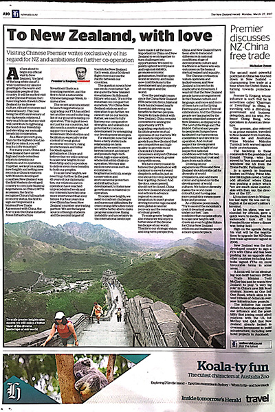 In his article published on March 27, Premier Li Keqiang outlined his ambitions about China-New Zealand relations with his visit.