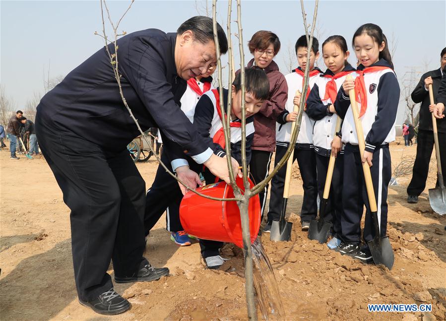 Chinese President Xi Jinping (L) waters a sapling as he attends a tree planting activity in Beijing, capital of China, March 29, 2017. China
